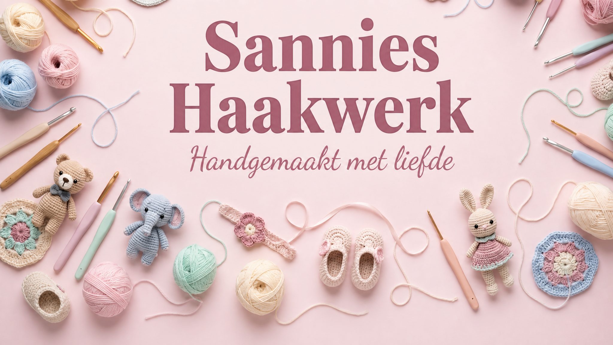 Sannies Haakwerk - gehaakte knuffels, garenbollen en haaknaalden op roze achtergrond